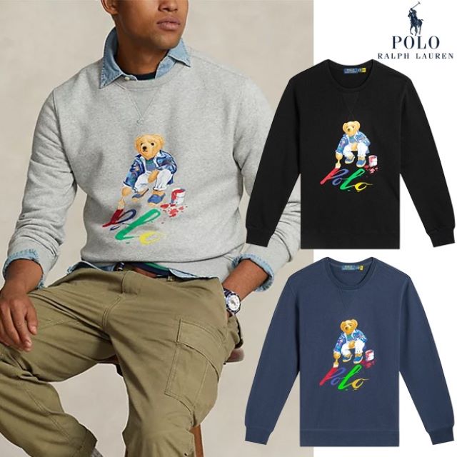 本物保証 メンズ スウェット プルオーバー クルーネック トレーナー ポロベアー プリント ペイントベアー柄 3カラー