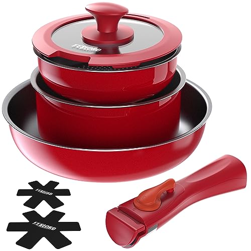 FERLORD フライパン セット 鍋 セット IH ガス対応 取っ手が取れる 鍋 フライパン セット 一人暮らし調理器具セット 7点 ダイヤモンドコート 焦げ付かない 使いやすい コンパクト収納