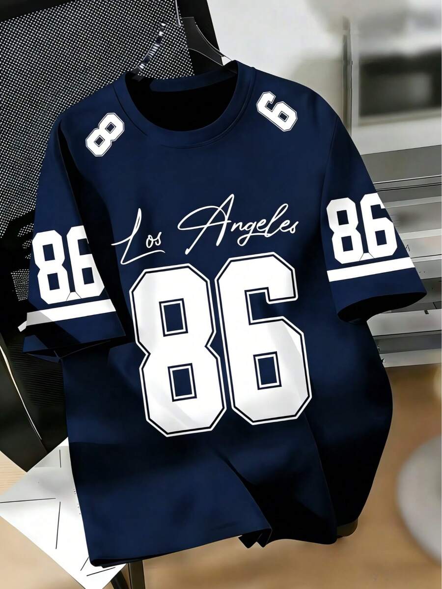 ナンバー86とロサンゼルスの手書き文字パターンのグラフィックTシャツルーズで快適カジュアルスポーツキャンパス活動に適していますポリエステル繊維製速乾性と洗いやすい