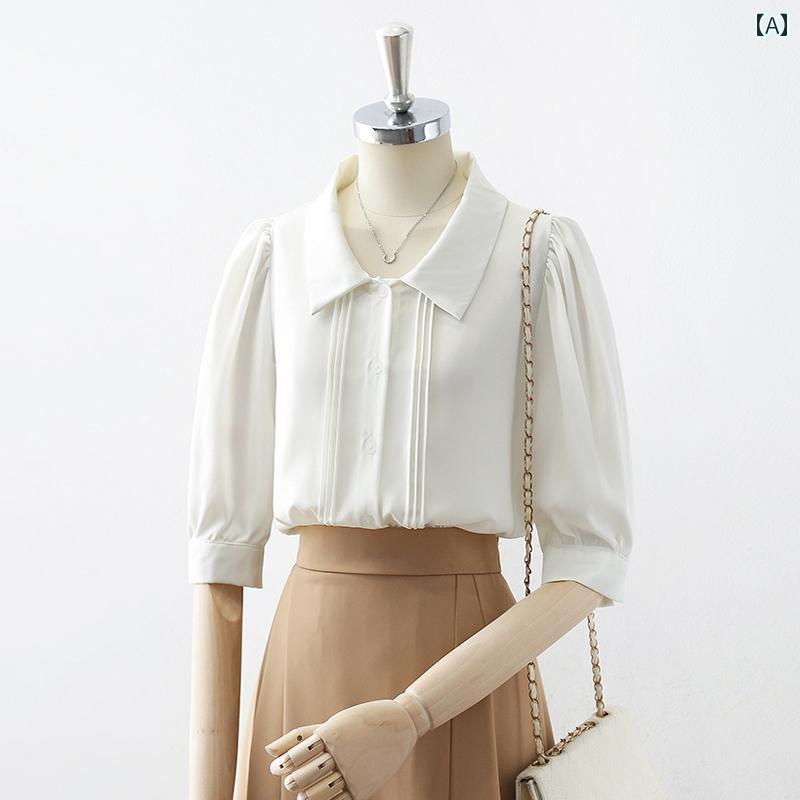 レディース シャツ ブラウス 半袖 五分袖 春夏秋 ポロ襟 パフスリーブ 白 プリーツライン装飾 デザイン性 シングルブレスト エレガント ハイセンス 清楚 上品 フェミニン モダン ソフトコットン 4,960円