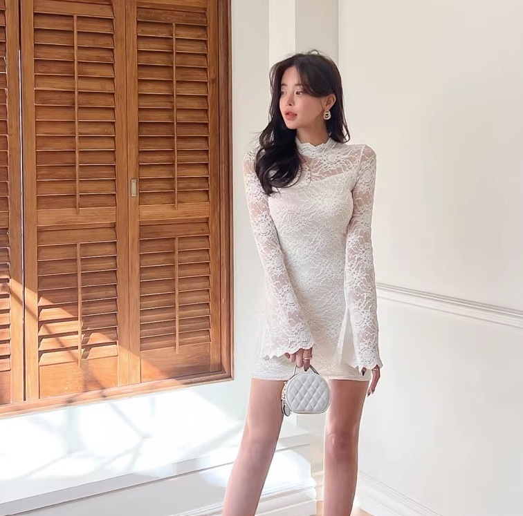 スカート ワンピース ミニスカート タイトスカート ミニ丈 長袖 フレアスリーブ ハイネック スリム タイト 細身 ストレート レース ファスナー 透け感 かわいい 大人可愛い きれいめ シンプル