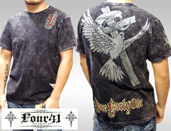 Four41 Los Angeles フォーフォーティーワン メンズ ラインストーン Tシャツ クロスバード ブラック k-96 スワロフスキー インポート セレブ ブランド ストリート LAセレブ