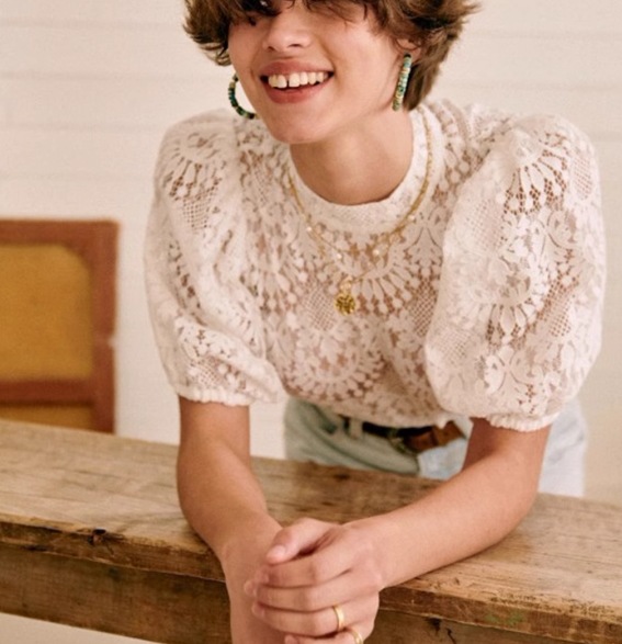 レディース トップス シャツ ブラウス 半袖 パフスリーブ フェミニン レース 刺繍 シフォン ウエストマーク ハイウエスト 透け感 シースルー オーガンジー 異国風 ボタン かわいい 大人可愛い