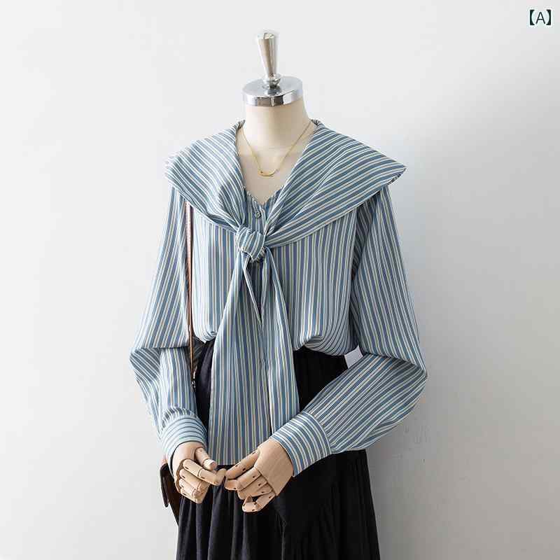レディース シャツ ブラウス 長袖 春秋 セーラー襟 ネイビーブルー 縦縞 ボーダー柄 スカーフロングタイ Vネック シングルブレスト エレガント ヴィンテージ シック ファミニン 上品 シンプル