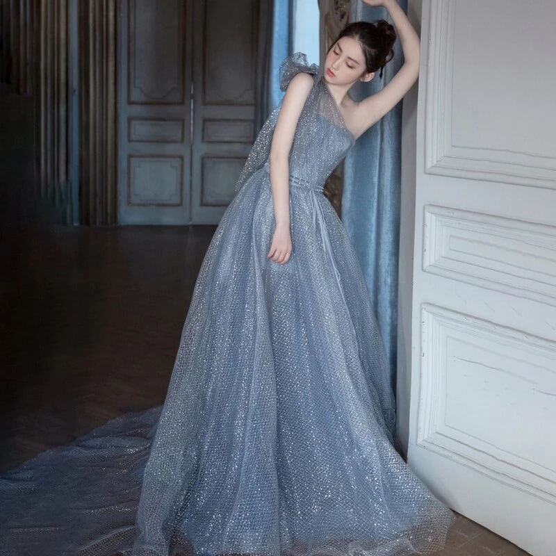 透け感フォーマル大きいサイズハイウエストAラインロングマキシドレスブルー小いサイズ 母の日