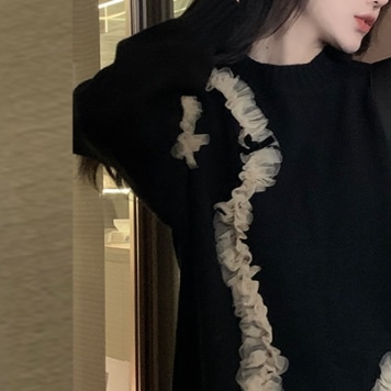 ニットプルオーバーセータートップス ミディアム丈 袖あり 長袖 パフスリーブ ラウンドネック