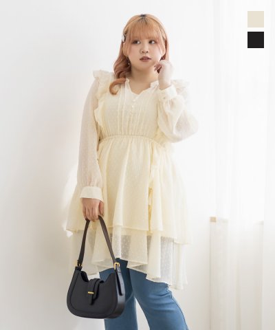大きいサイズ レディース LL 3L 4L XL XXL XXXL CLETTEオリジナルインナー付きフリルティアードドビーチュニック