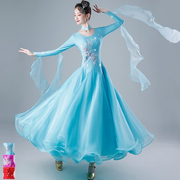 社交ダンス ドレス 競技用 社交ダンス衣装 ワンピース スタンダード ドレス キラキラ 社交ダンス ヴィーナスダンスウエア 広がる 舞台 豪華 長袖 ワルツ 発表会 団体 パーティー デモ 水色 S