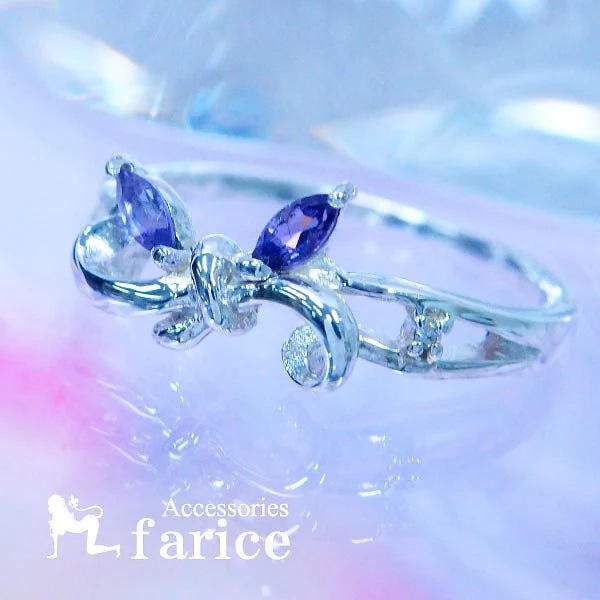アメジストライトパープルストーンのバタフライリボンジュエリーリング