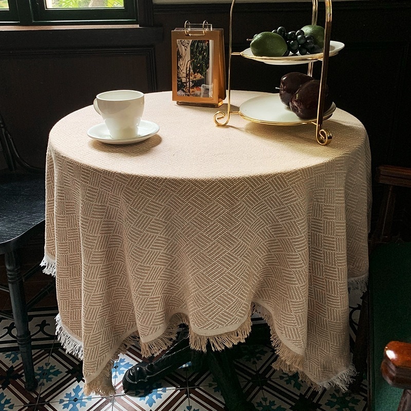テーブルクロス フランスのレトロなシンプルな高級コットンとリネンの布 コーヒーテーブルクロス ベッドサイドテーブルクロス 小さな丸いテーブルカバー 写真撮影用クロス