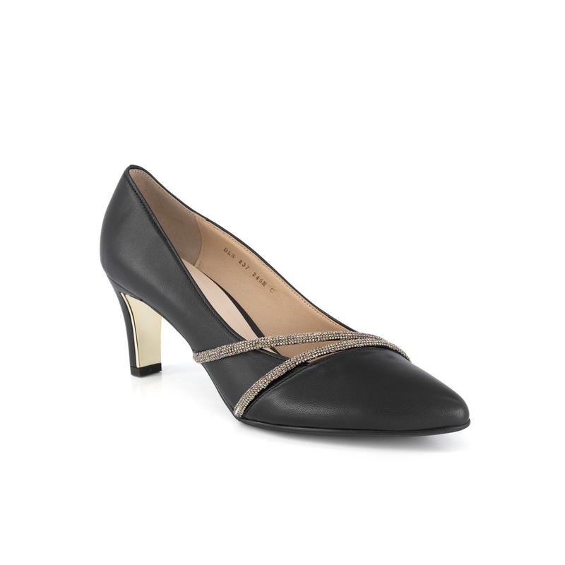 女性靴 7cm ホットフィックス 斜めストラップポイント DLS237 ブラック