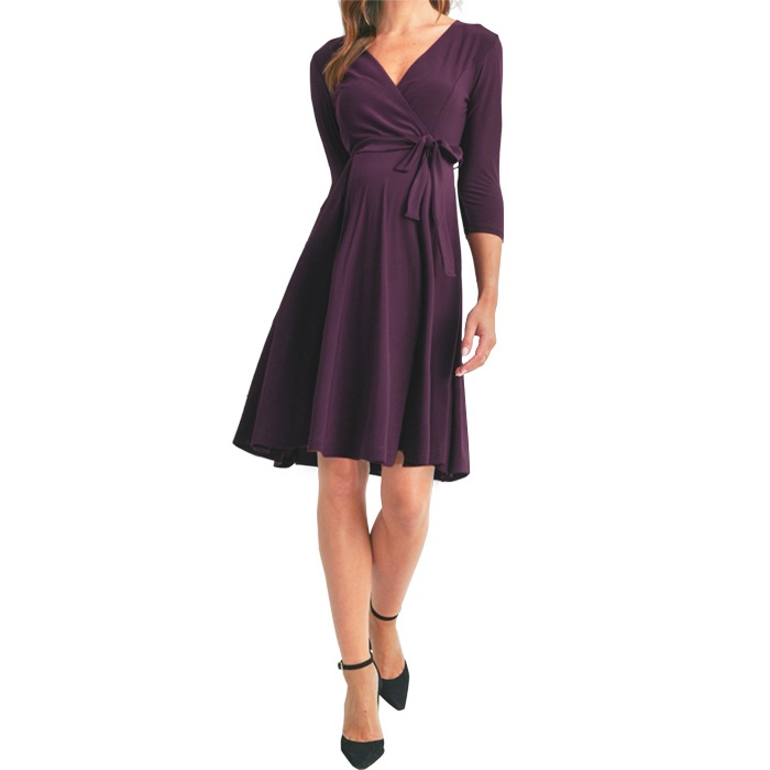 ワンピース 膝丈 7分袖 Vネック ハイウエスト切り替え LAインポート無地 フレア S.M.L.XL パープル FROM USA HM240523LA080
