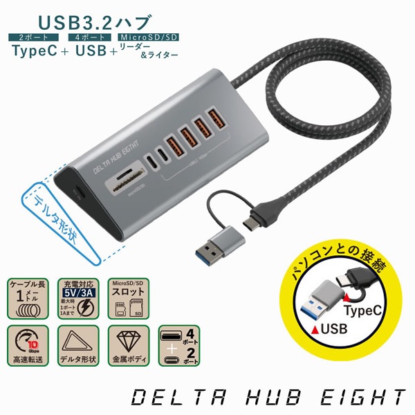 エアリア デルタハブエイト SD-HC2A4-CR (ネコポス送料無料) USBハブ TypeC 高速転送 SDカードスロット MicroSDカードスロット デルタ形状 金属ボディ ナイロンケーブル