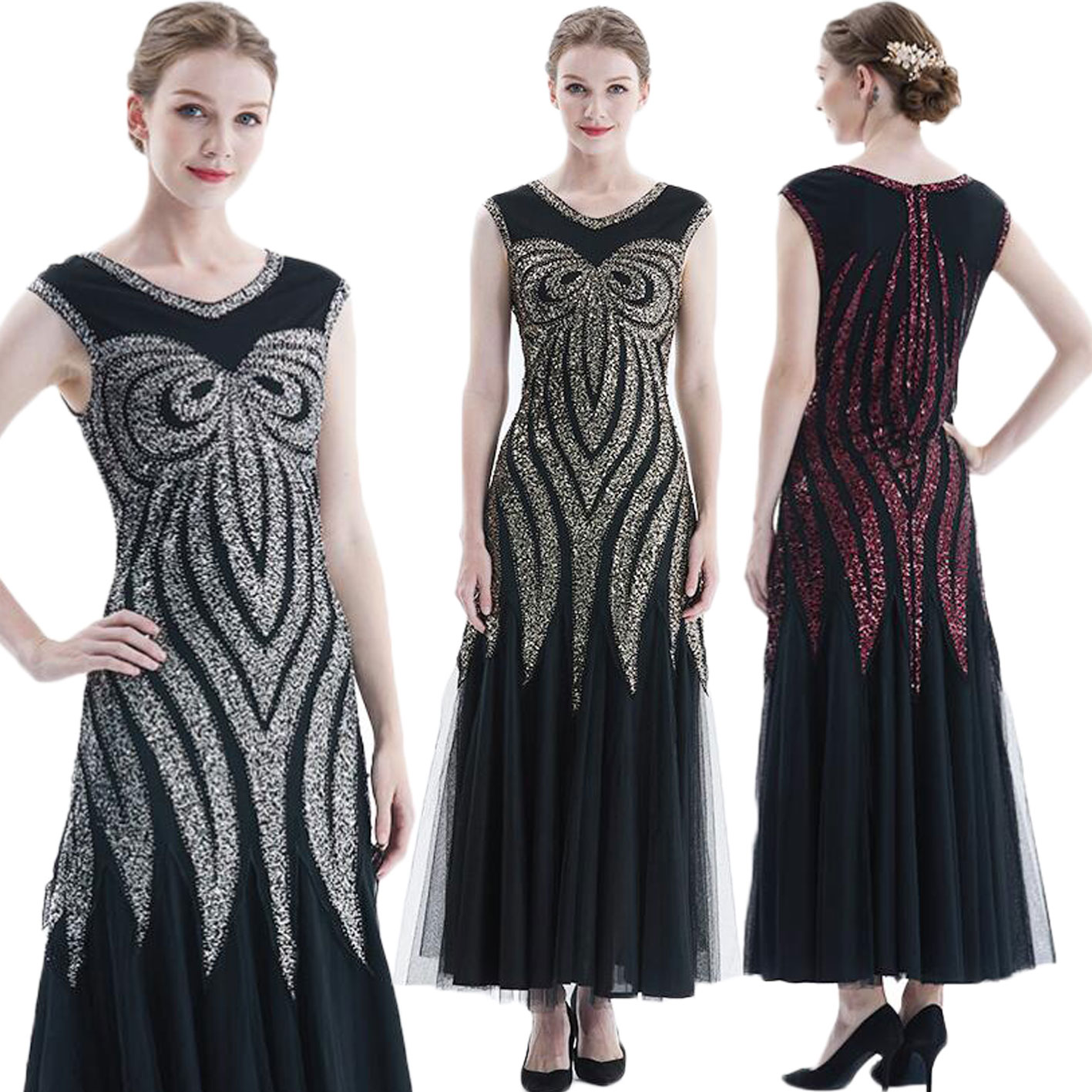 夜会服 舞台衣装 スパンコールドレス ロングドレス ノースリーブ 社交ダンス衣装 パーティードレス モダンドレス マキシ丈 チュール エレガント レディースドレス 団体服 ステージ衣装 舞台衣裳 舞台