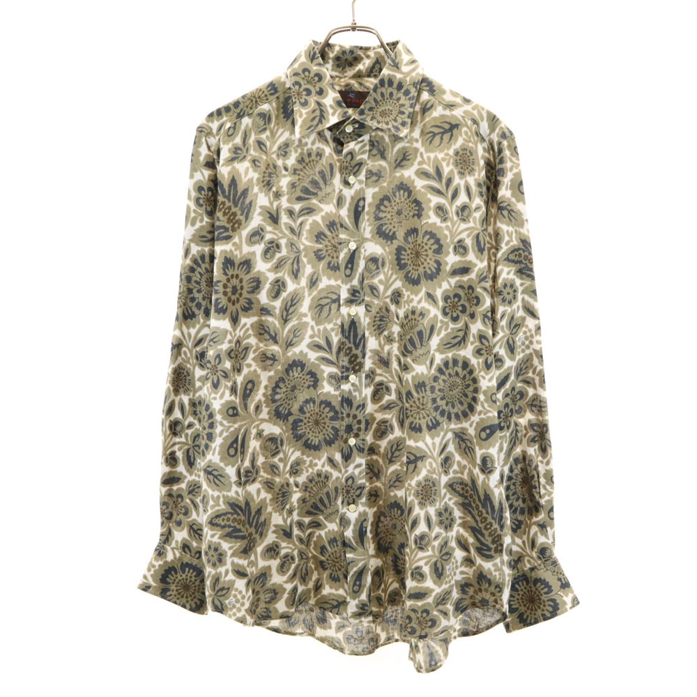 イタリア製 花柄 長袖 リネンシャツ XL オリーブ 他 メンズ