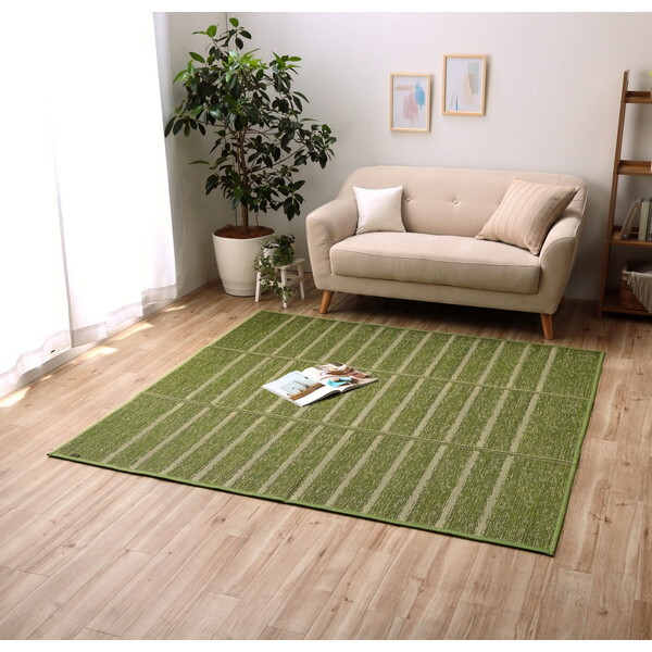 1070010125411 ラグ 正方形 い草 自然素材 シンプル ボーダー 裏面すべり止め付き 滑りにくい 抗菌防臭 グリーン 約4.5畳 約240×240cm メーカー直送