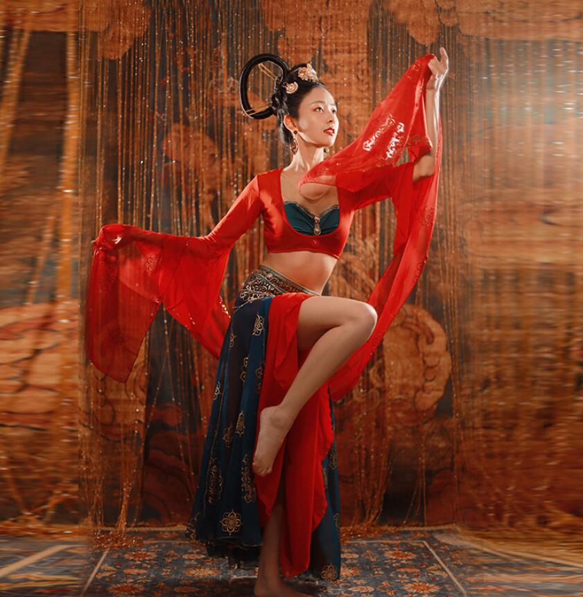 敦煌飛天 古典舞踊 中華古典舞踊ダンス衣装 天女 飄々古典ダンス衣装 唐時代 漢服 民族風 宮廷舞踊 衣装 レディース 大人 チャイナ風 アラビアン衣装 華流 お姫様 コスチューム ハロウィン 余興