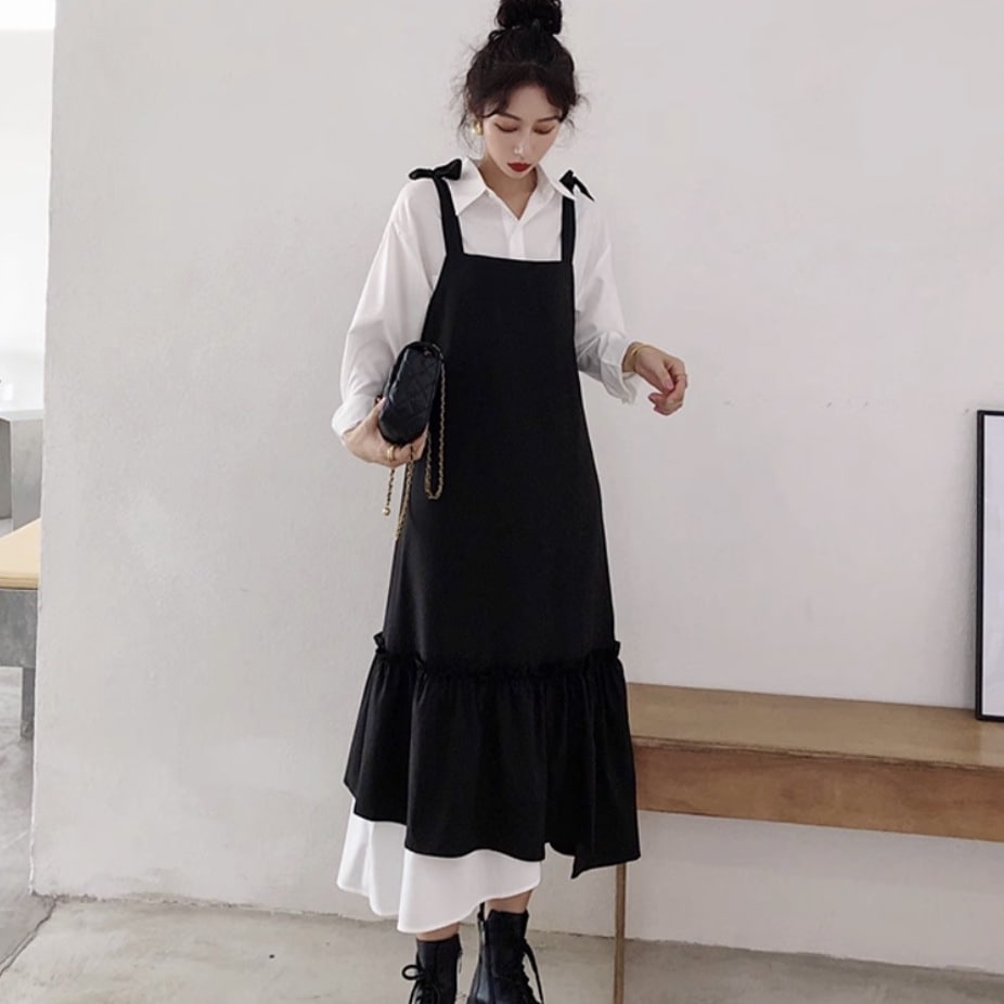 トップス スカート ワンピース 上下セット シャツ ブラウス ワンピドレス ティアード キャミワンピ きれいめ 個性的 春服 夏服 秋服 ミモレ ロング 長袖 スクエアネック 襟付き レギュラーカラー