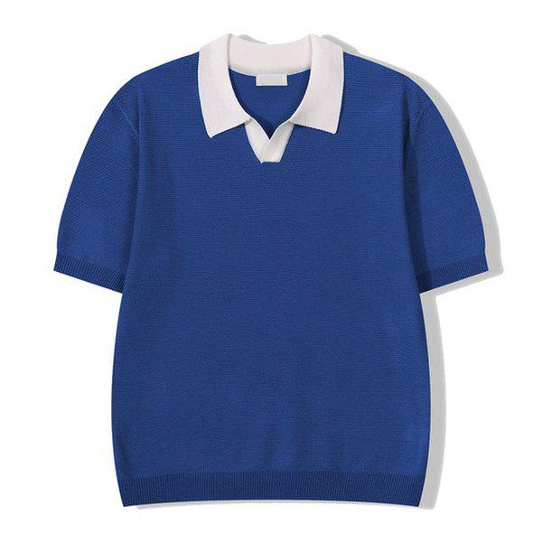メンズプレミアム配色オープンカラー半袖ニットTシャツ GN-KNH-Q010-ブルー