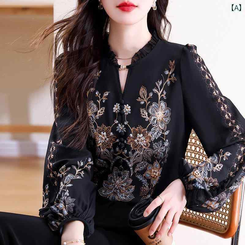 レディース　シャツ　レース 杭 州 高級 シルク シャツ レディース 長袖 ブラウス おしゃれ 花柄 マザー 桑 シルク トップ