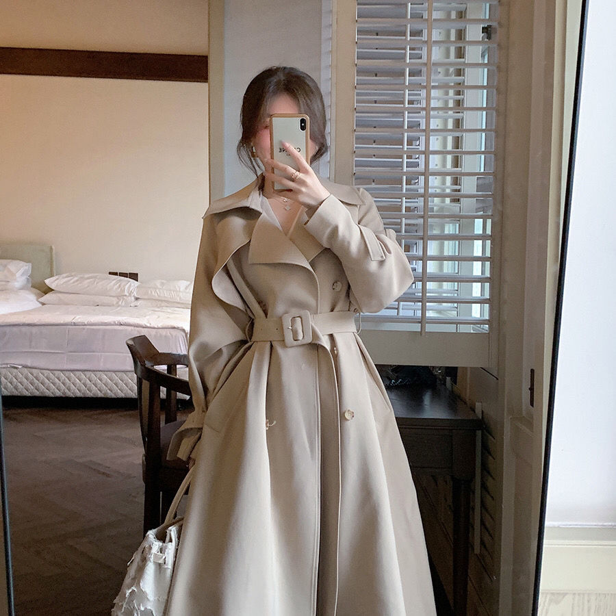 2024新作韓国風ファッション高級カーキウインドブレーカー腰丈ロング膝丈カジュアルジャケット