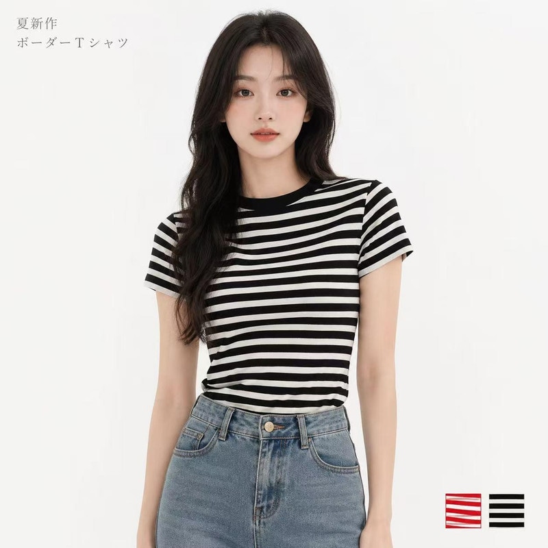 美式复古 ボーダーTシャツ レディース 半袖 タイトフィット クルーネック ストライプ 2026夏 新作 カレッジ風 通学 カジュアル