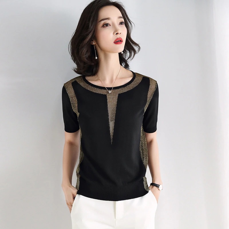 Tシャツカットソー夏の女性の新しニットtシャツ女性半袖薄いモデル黒氷糸ニット
