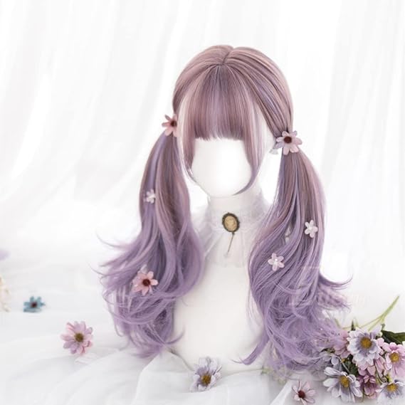 Eileen ロング カール ピンク×パープル ウィッグ パーマ フルウィッグ 自然な質感 巻き髪 姫髪 ふわふわ 耐熱 ウィッグ 風追い少女 小顔 可愛い