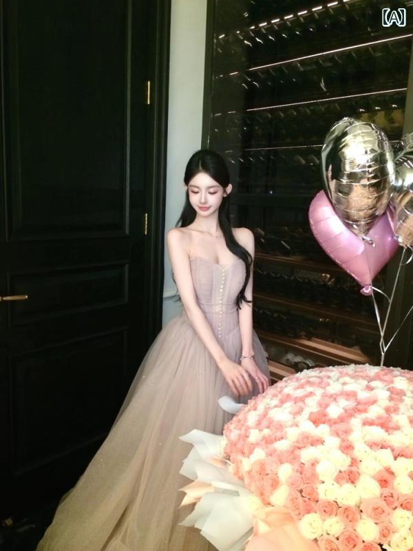 ドレス　パーティー　レディース チューブ トップ ドレス レディース パーティー 成人 式 ハイエンド 軽量 高級 プリンセス チュチュ スカート 重厚 バースデー