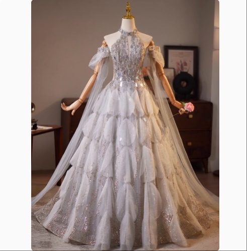 カラードレス グレー ホルターネック 編み上げ バックレス ロング 取り外し袖 キラキラグリッターチュール キラキラドレス 45,494円