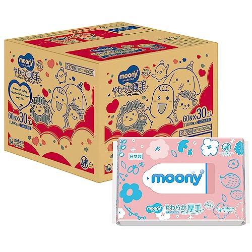 【おしりふき】ムーニー おしりふき やわらか厚手素材 純水99% 詰替 1800枚(60枚入×30)無添加(アルコール香料パラベン不使用)日本製 [ケース品]【Amazon.co.jp限定】