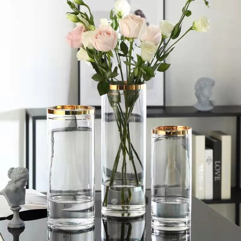 【20点セット】【送料無料】北欧モダンシンプルな金縁のストレートガラス花瓶富貴竹生花生け花ユリ花器家の置物