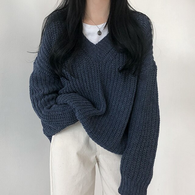 韓国の女性ファッション / ルーズVネックニット nt1025