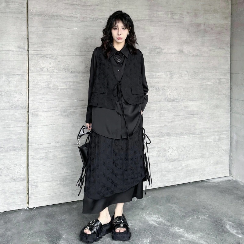 【J.Fashion】 中華風 上下セット 春秋 ドッキング 巾着 ハイウエスト ブラウス＋スカート おしゃれ レディース セットアップ メガ割