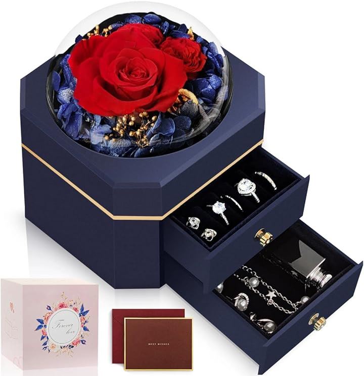 プリザーブドフラワー ジュエリーボックス 二層 枯れない花 プレゼント メッセージカード付き( 青です)