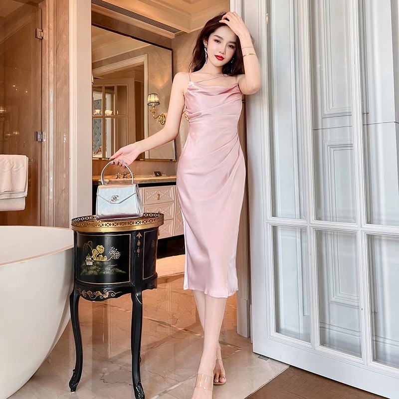 キャミワンピース/夏/レディース/サテン/スリップワンピース/スプリット/ミドル丈/スカート