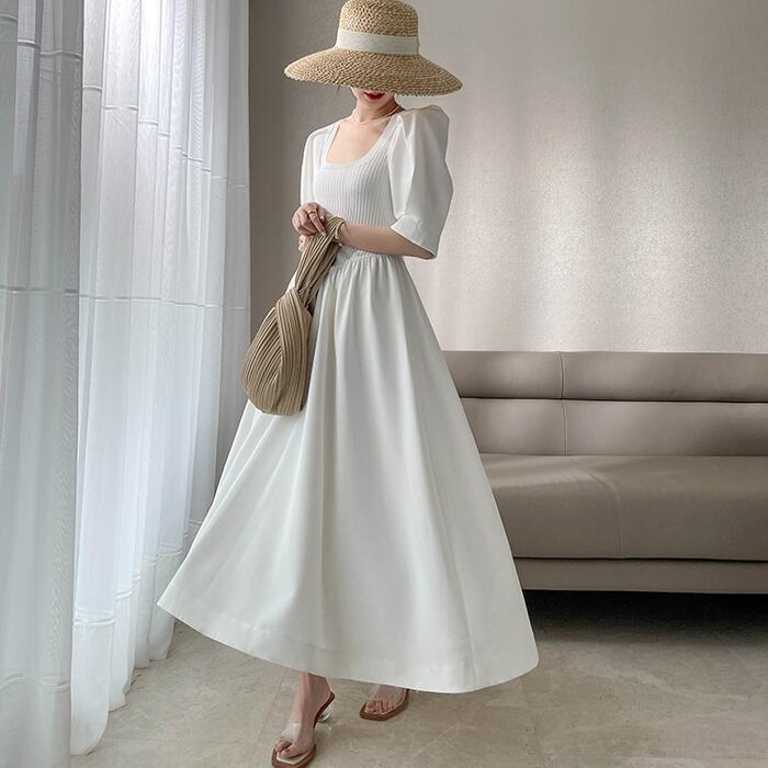 パフスリーブ ワンピース ロングワンピ ニット ドッキング 袖あり エレガント レディース 半袖 きれいめ カジュアル ロング丈 おしゃれ 大人 可愛い ワンピ ドレス Aライン 体型カバー お呼ばれ 8,650円