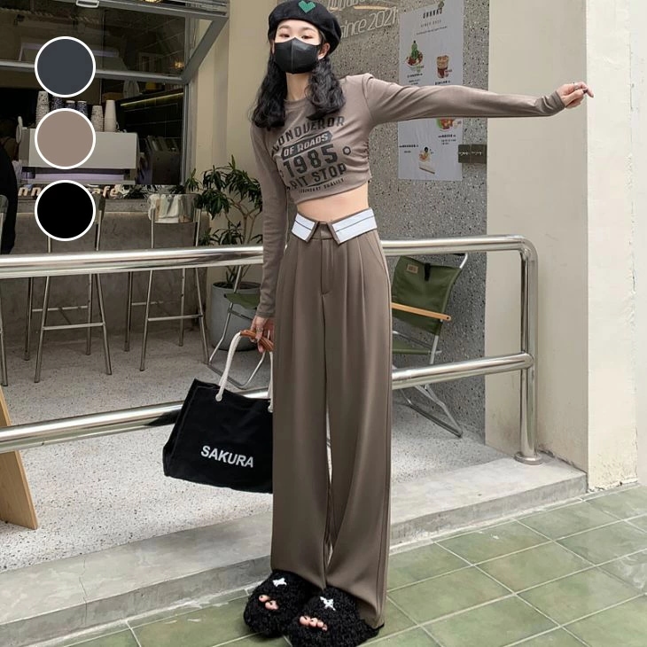 半額クーポン対象ハイウエスト タック ワイドパンツ 折り返し ボトムス 長ズボン ロング丈 カジュアル きれいめ ストレート おすすめ レディース オシャレ トレンド 人気 プチプラ 韓国ファッション