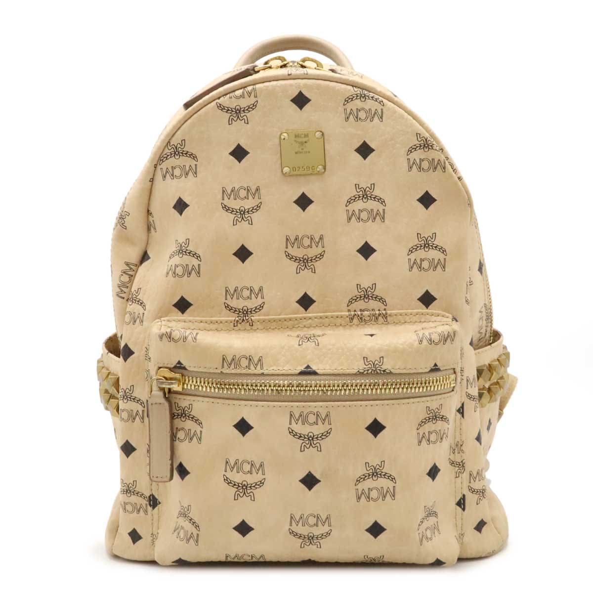 ロゴグラム ヴィセトス バックパック リュックサック レザー スタッズ ベージュ ゴールド金具 MMK65VEIG00