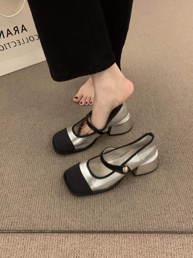 フランス風の小香風つづり色方頭メアリージェーン小皮靴女性太さと優しさ晩靴中ハイヒール楽福単靴