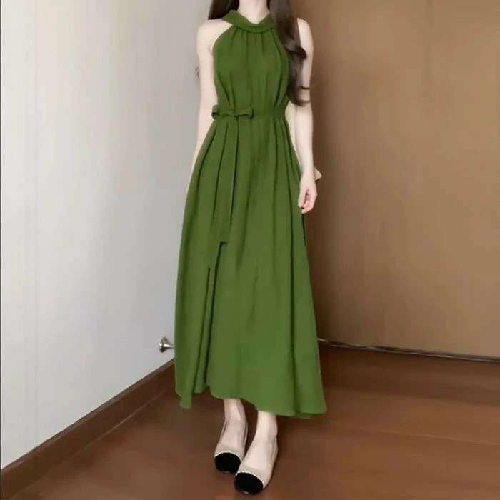 体型カバー ノースリーブ い カジュアル ドレス アメリカンスリーブ ロング丈 夏 20代 グリーン Aライン フェミニン ワンピース ナチュラル 緑 50代 エレガント レディース ワンピ