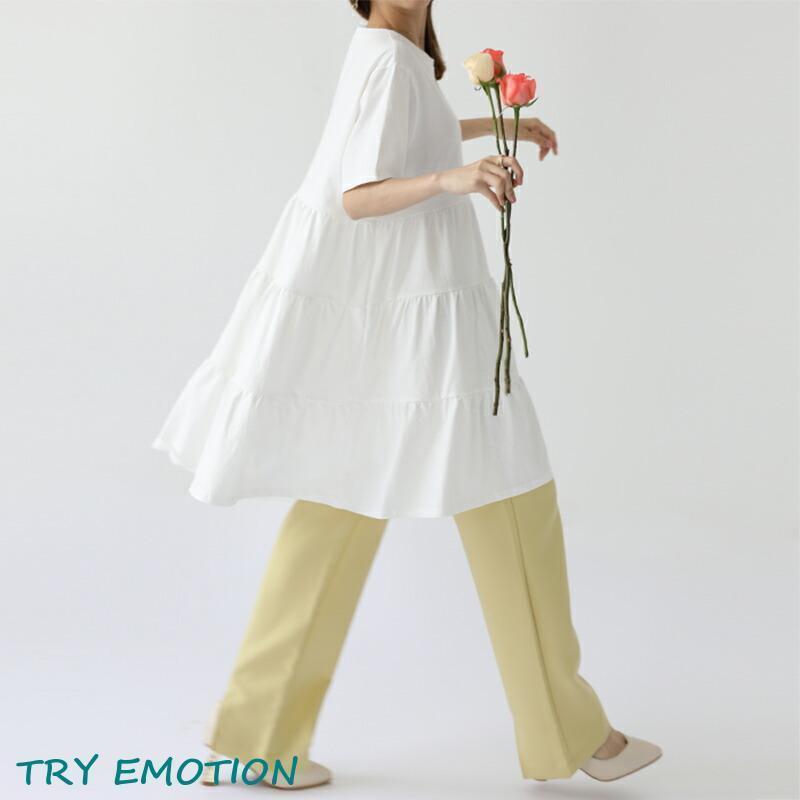 レディースティアードチュニック トップス カットソー シャツ 半袖 春 夏 無地 体型カバー 綿100％ 大きいサイズ シンプル 涼しい