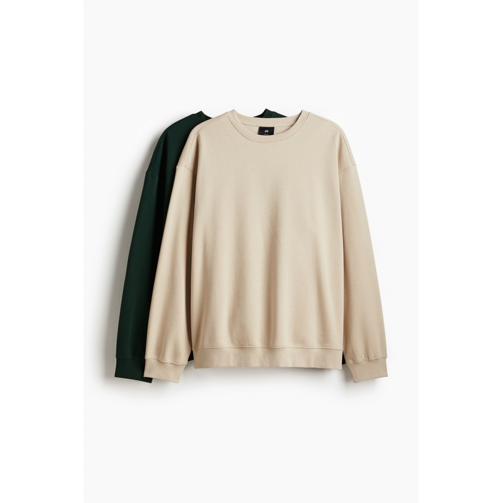 H&M ルーズフィットスウェットシャツ 2 点セットベージュ/フォレストグリーン