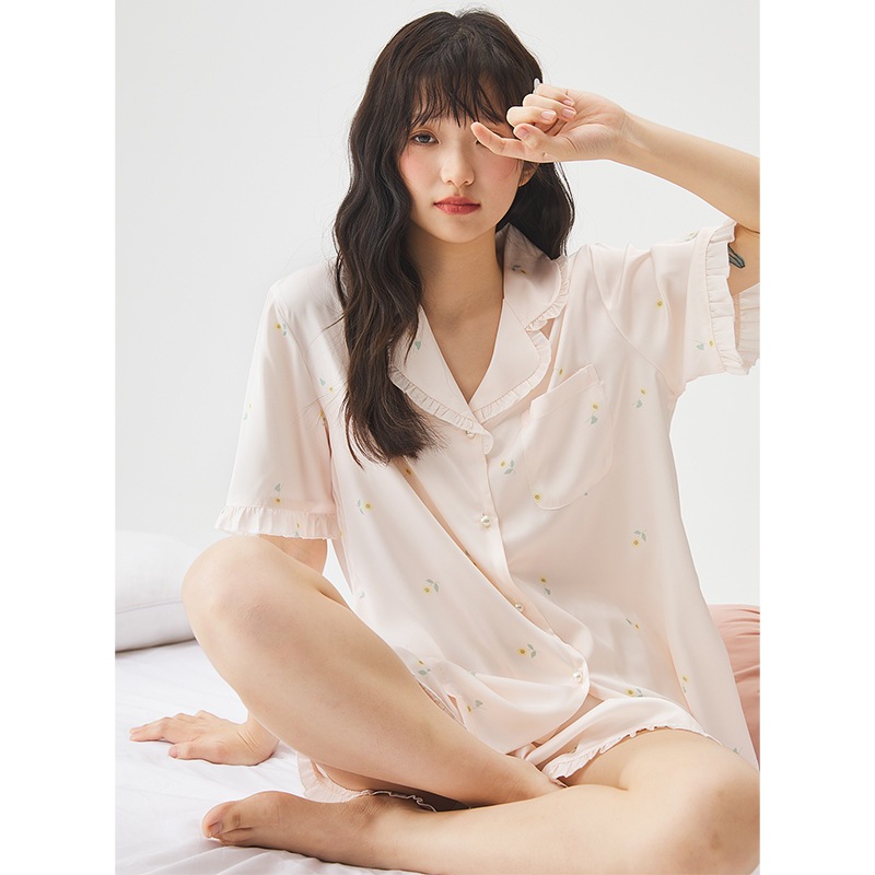 2025 アイスシルクパジャマ レディース 夏 薄手 アイスシルク ピンク 高級 ウェアラブル ホームウェア 半袖 ショートパンツセット