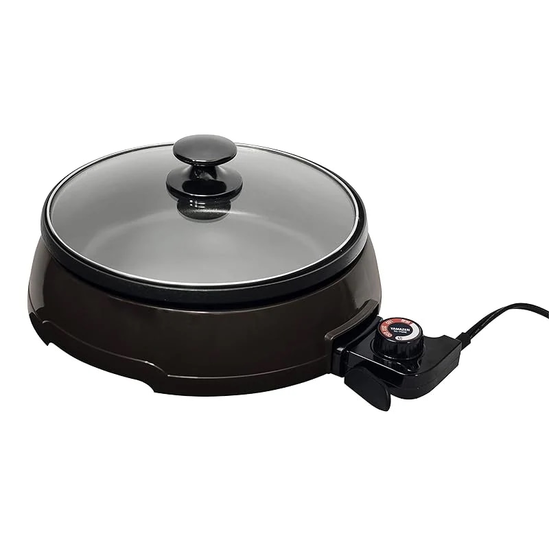 【即納】[山善] 電気 グリル鍋 1200W ハイパワー 容量2L (直径23×深さ5cm) ホットプレート 深鍋 フッ素コート加工 温度調節機能 ガラス蓋 ブラウン YGA-121(T)