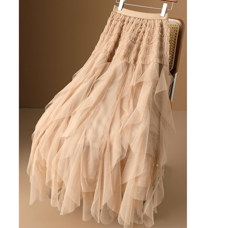 【短納期】 2025新作秋と冬女性ためメッシュスカートフリルエッジ不規則なふわふわスカートケーキスカート