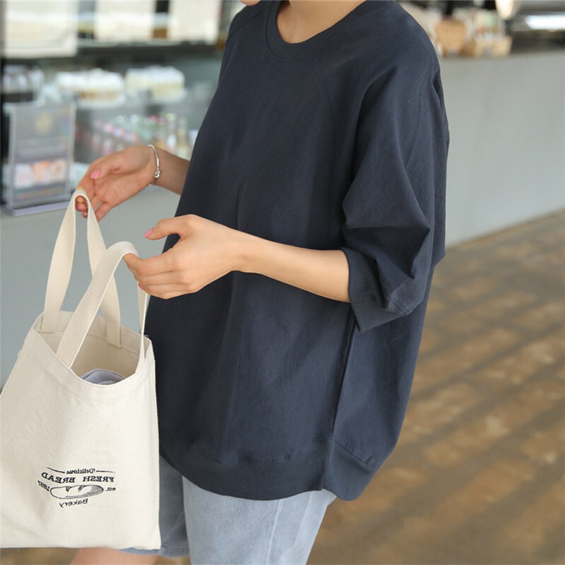 Tシャツ ラウンドネック プルオーバー ルーズ 五分袖 楽ちん 韓国 レディース オルチャン ネイビー ベージュ 紺色 無地 部屋着 かわいい 可愛い キュート 大人可愛い 大人女子