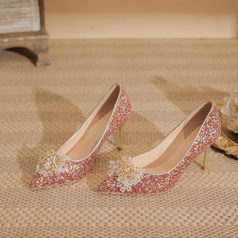 ２点で13o円OFF！【最安値挑戦】年赤いハイヒール女性細身とラインストーン小人数婚靴花嫁靴ファッションセクシー宴会百足単靴 品質良い