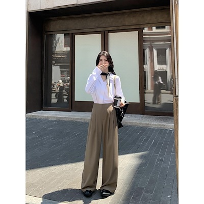 MULVAN復古のカレー色の高い腰のウエストのズボンの女性の秋のゆったりして見えてやせてたるみますデザイン感のモップのカジュアルなズボン