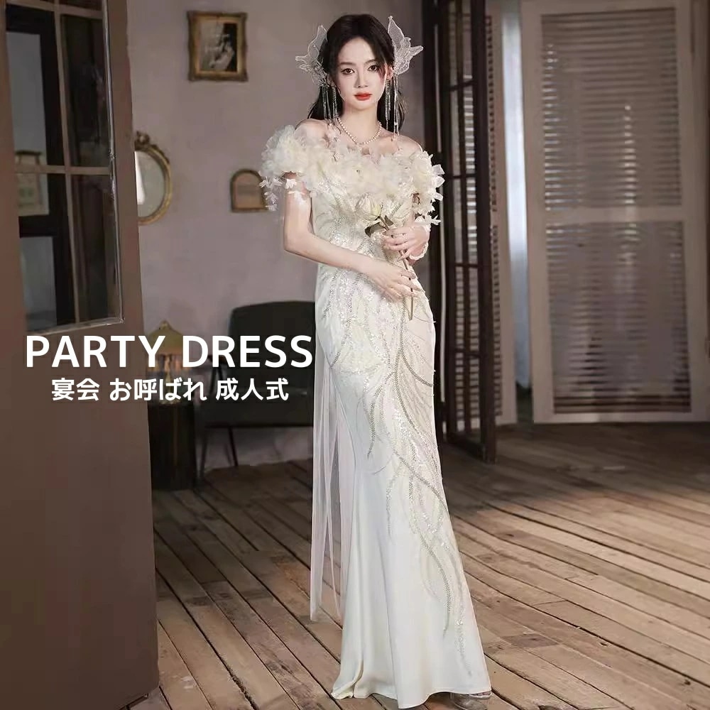 人気新作 レディースドレス パーティードレス イブニングドレス 結婚式 ウェディングドレス 花 オフショルダー 編み上げ 着痩せ フィッシュテールベージュ 高級感 成人式 着痩せ お呼ばれ エレガント